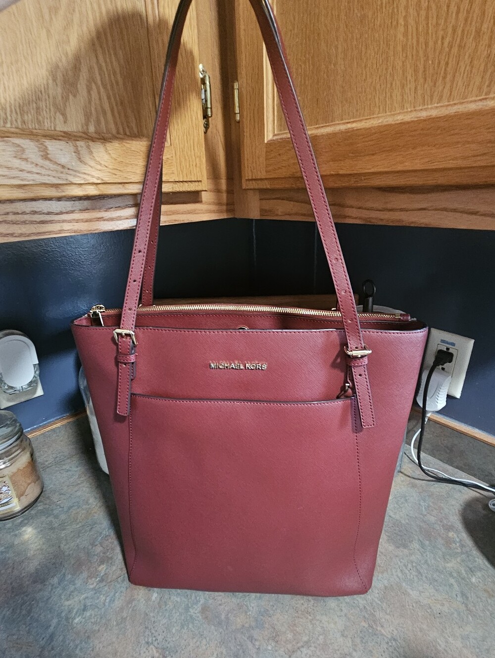 Michael Kors Wine Leather Tote with Gold Hardware